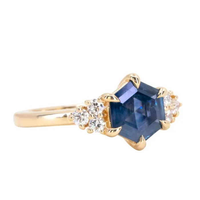 Rings Anueva Jewelry 145ct Hexagon Silky Blue Montana Sapphire and Diamond Cluster Ring in 18k Yellow Gold