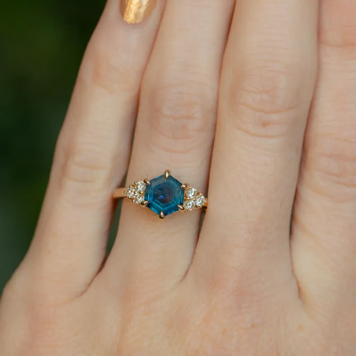 Rings Anueva Jewelry 145ct Hexagon Silky Blue Montana Sapphire and Diamond Cluster Ring in 18k Yellow Gold