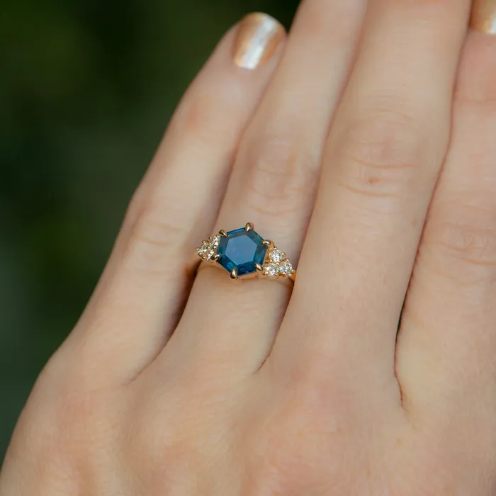 Rings Anueva Jewelry 145ct Hexagon Silky Blue Montana Sapphire and Diamond Cluster Ring in 18k Yellow Gold