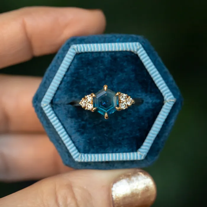 Rings Anueva Jewelry 145ct Hexagon Silky Blue Montana Sapphire and Diamond Cluster Ring in 18k Yellow Gold