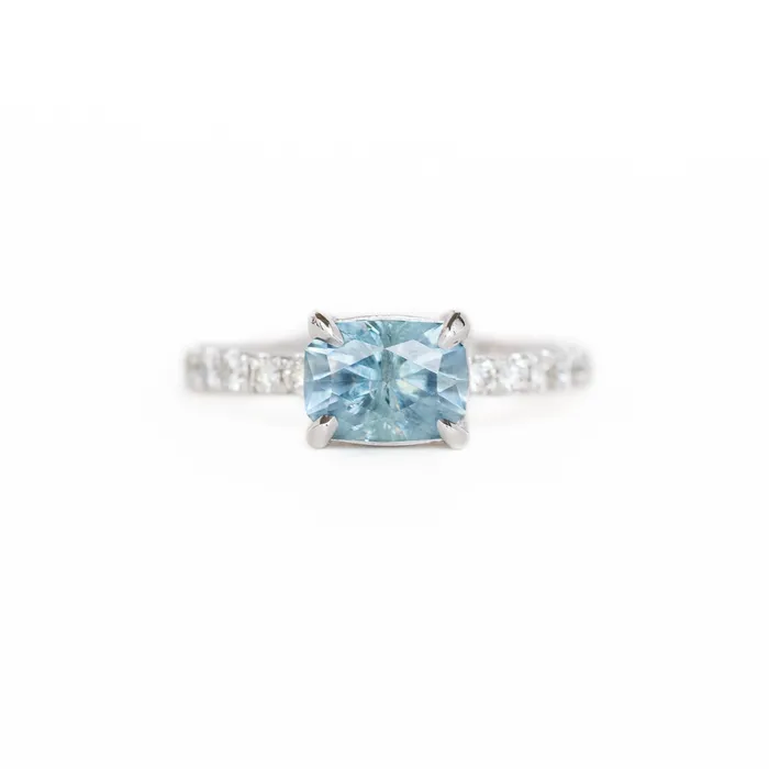 Rings Anueva Jewelry 175ct EastWest Radiant Cut Montana Sapphire with Diamond Band in 14k White Rings Anueva Jewelry 175ct EastWest Radiant Cut Montana Sapphire with Diamond Band in 14k White