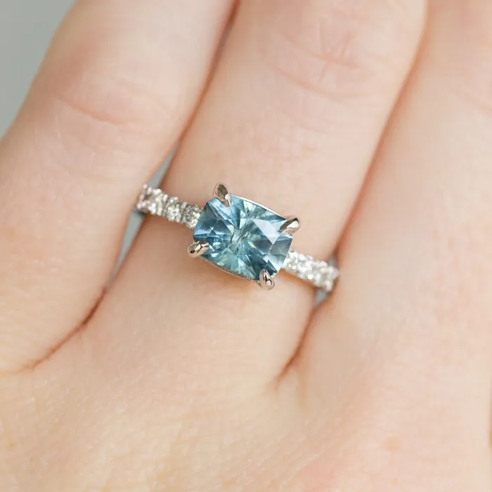 Rings Anueva Jewelry 175ct EastWest Radiant Cut Montana Sapphire with Diamond Band in 14k White