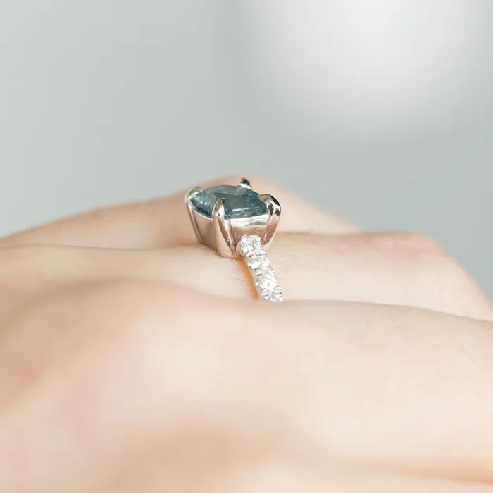 Rings Anueva Jewelry 175ct EastWest Radiant Cut Montana Sapphire with Diamond Band in 14k White