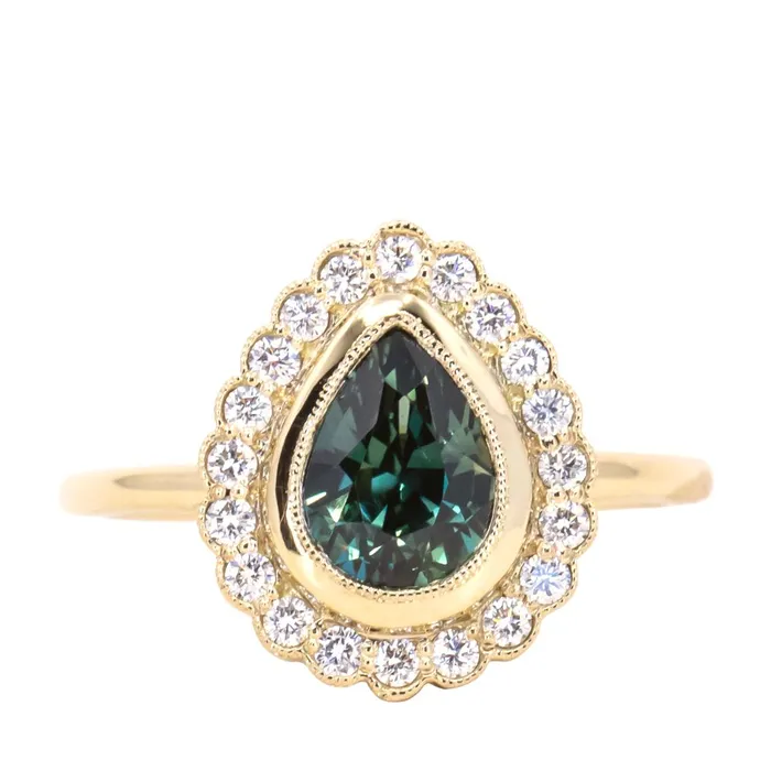 Rings Anueva Jewelry 202ct Pear Madagascar Sapphire and Scalloped Antique Style Diamond Halo Ring in 18k Yellow Gold Rings Anueva Jewelry 202ct Pear Madagascar Sapphire and Scalloped Antique Style Diamond Halo Ring in 18k Yellow Gold