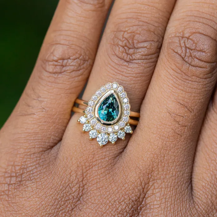 Rings Anueva Jewelry 202ct Pear Madagascar Sapphire and Scalloped Antique Style Diamond Halo Ring in 18k Yellow Gold