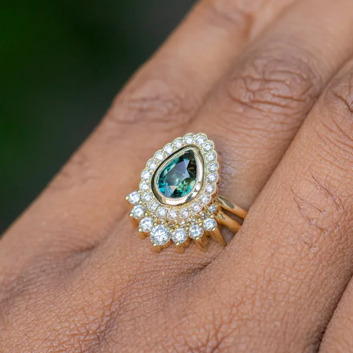 Rings Anueva Jewelry 202ct Pear Madagascar Sapphire and Scalloped Antique Style Diamond Halo Ring in 18k Yellow Gold