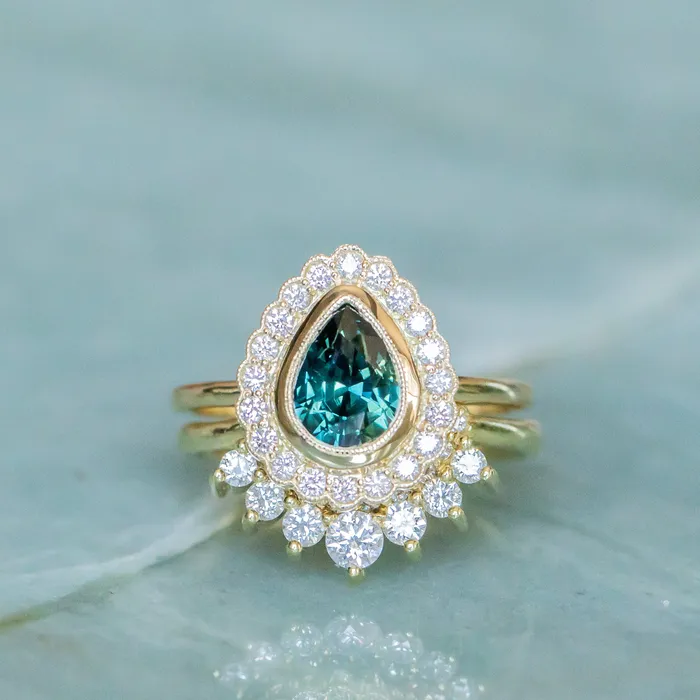 Rings Anueva Jewelry 202ct Pear Madagascar Sapphire and Scalloped Antique Style Diamond Halo Ring in 18k Yellow Gold