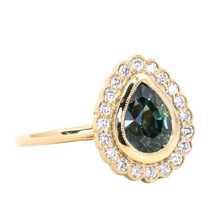 Rings Anueva Jewelry 202ct Pear Madagascar Sapphire and Scalloped Antique Style Diamond Halo Ring in 18k Yellow Gold