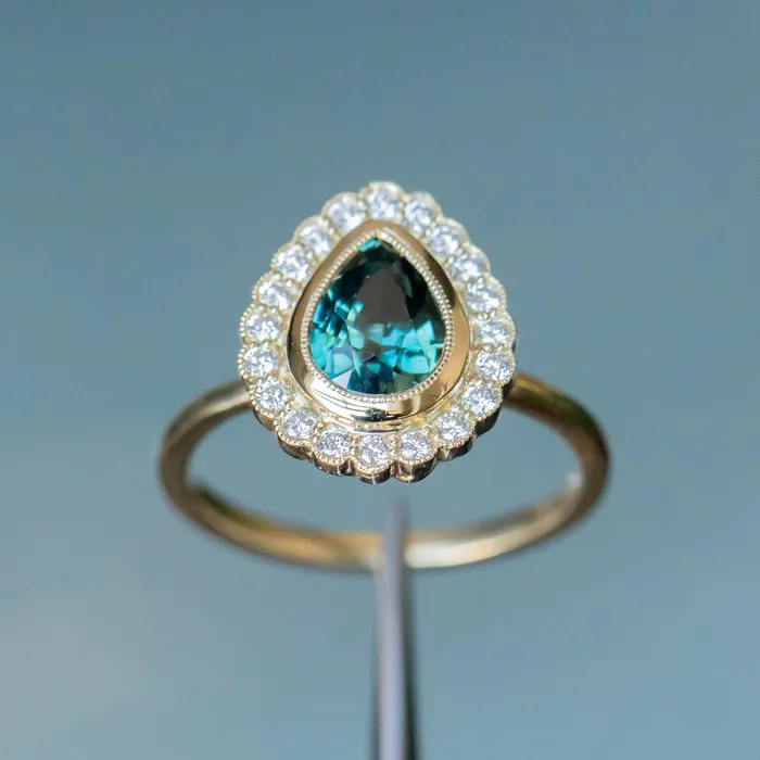 Rings Anueva Jewelry 202ct Pear Madagascar Sapphire and Scalloped Antique Style Diamond Halo Ring in 18k Yellow Gold