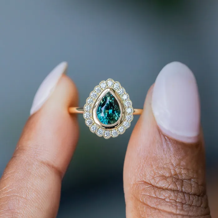 Rings Anueva Jewelry 202ct Pear Madagascar Sapphire and Scalloped Antique Style Diamond Halo Ring in 18k Yellow Gold