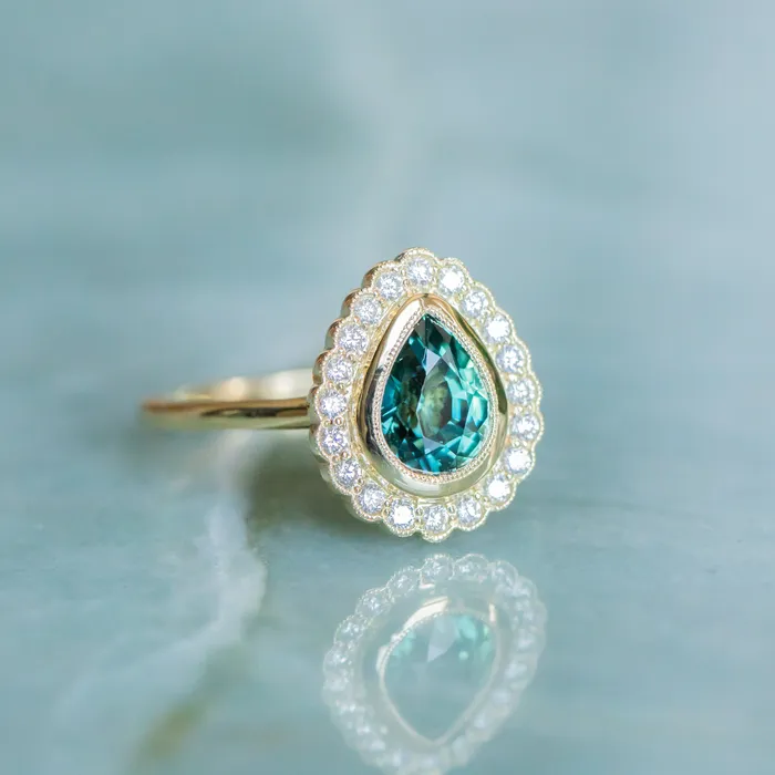 Rings Anueva Jewelry 202ct Pear Madagascar Sapphire and Scalloped Antique Style Diamond Halo Ring in 18k Yellow Gold