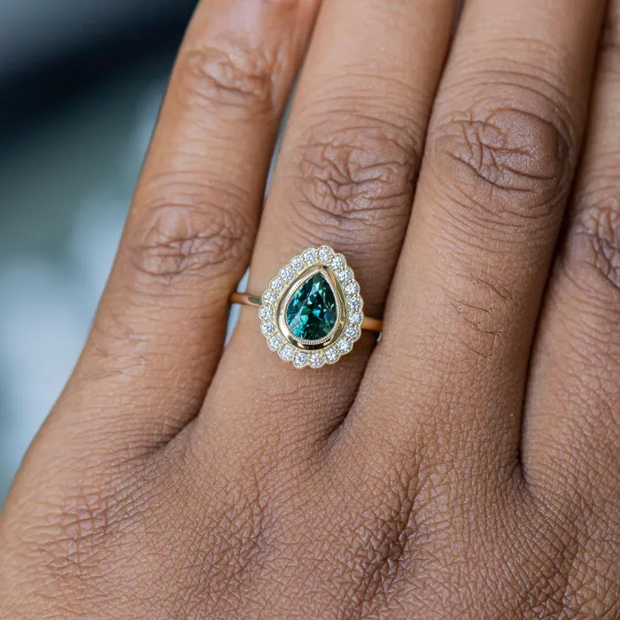 Rings Anueva Jewelry 202ct Pear Madagascar Sapphire and Scalloped Antique Style Diamond Halo Ring in 18k Yellow Gold