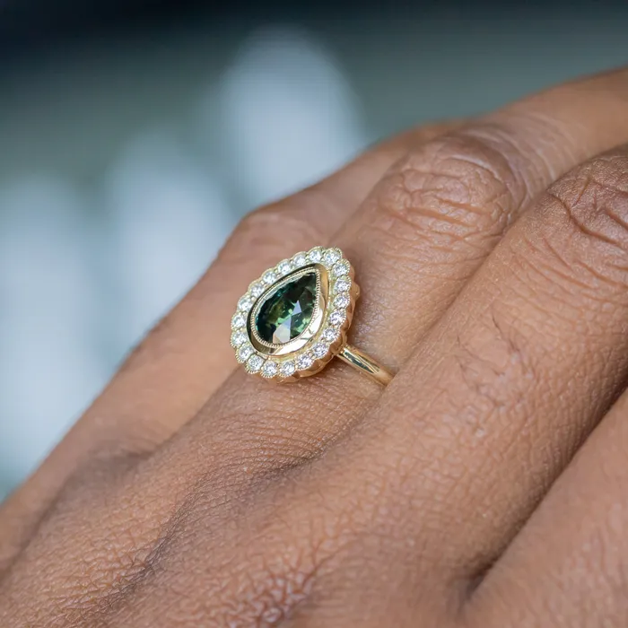 Rings Anueva Jewelry 202ct Pear Madagascar Sapphire and Scalloped Antique Style Diamond Halo Ring in 18k Yellow Gold