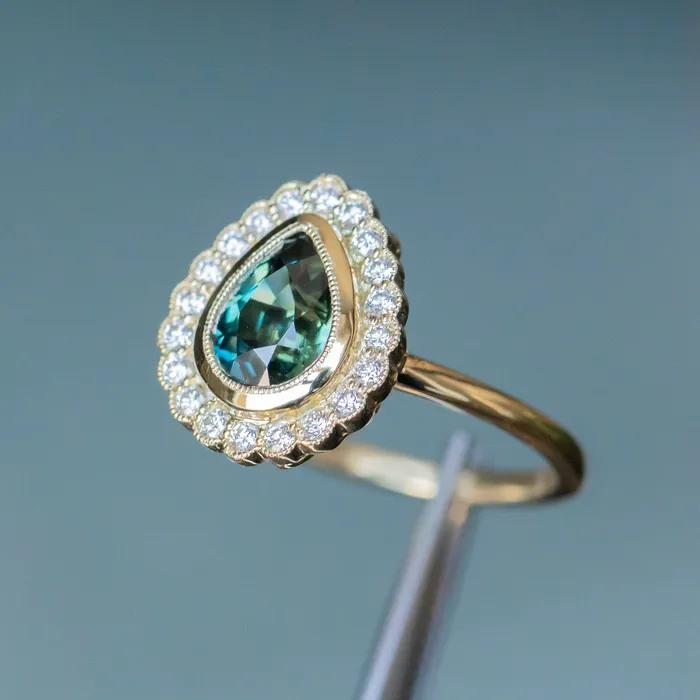 Rings Anueva Jewelry 202ct Pear Madagascar Sapphire and Scalloped Antique Style Diamond Halo Ring in 18k Yellow Gold