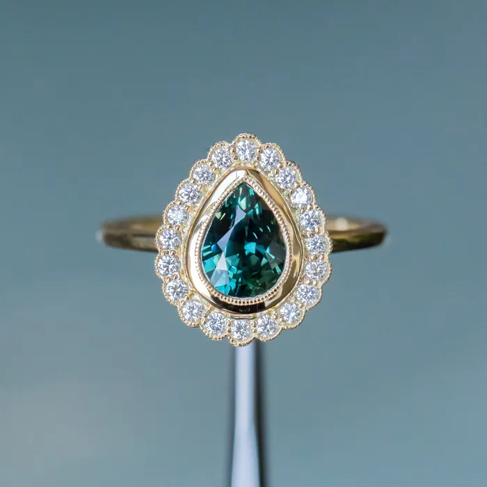 Rings Anueva Jewelry 202ct Pear Madagascar Sapphire and Scalloped Antique Style Diamond Halo Ring in 18k Yellow Gold