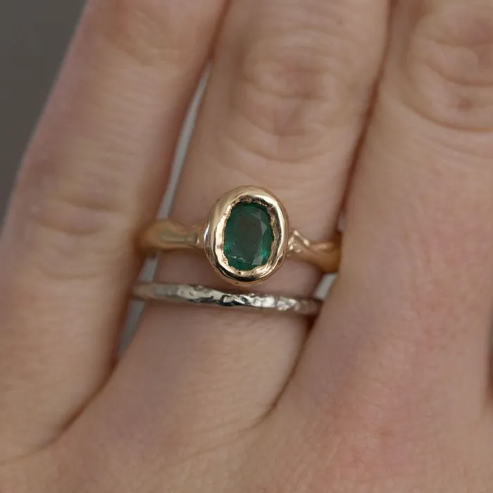 Rings Anueva Jewelry Green Emerald Yellow Gold Ring March Birthstone Natural Emerald Organic Ring Freeform hand carved recycled gold ring by Anueva Jewelry
