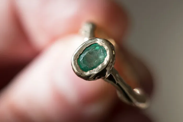 Rings Anueva Jewelry Green Emerald Yellow Gold Ring March Birthstone Natural Emerald Organic Ring Freeform hand carved recycled gold ring by Anueva Jewelry