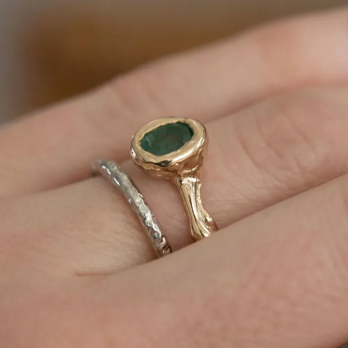 Rings Anueva Jewelry Green Emerald Yellow Gold Ring March Birthstone Natural Emerald Organic Ring Freeform hand carved recycled gold ring by Anueva Jewelry