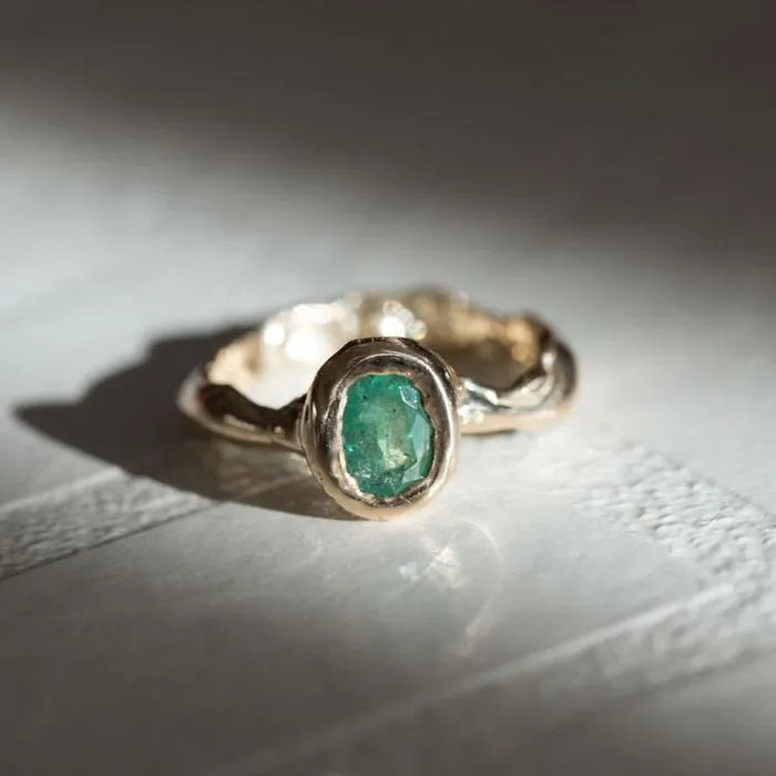 Rings Anueva Jewelry Green Emerald Yellow Gold Ring March Birthstone Natural Emerald Organic Ring Freeform hand carved recycled gold ring by Anueva Jewelry