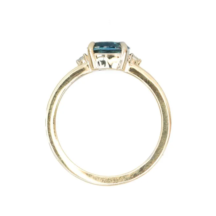 Rings Anueva Jewelry Teal Blue Three Stone Ring featuring 115ct cushion sapphire and diamonds in EastWest setting