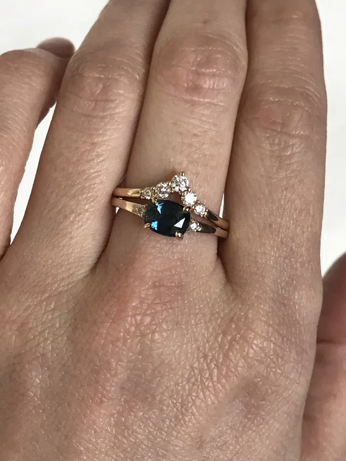 Rings Anueva Jewelry Teal Blue Three Stone Ring featuring 115ct cushion sapphire and diamonds in EastWest setting