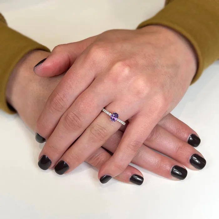 Rings Moriartys Gem Art 14K White Gold Oval Purple Sapphire and Diamond Ring 131 Carats