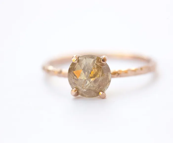 Rosecut Champagne Galaxy Diamond and Dainty Carved Rose Gold Solitaire Engagement Ring Low Profile Rosecut Ring Skinny Band Hand carved by Anueva Jewelry Anueva Jewelry Rings