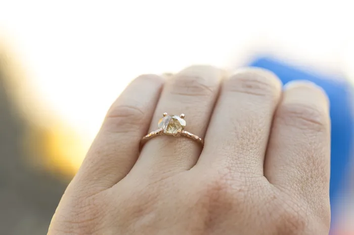 Rosecut Champagne Galaxy Diamond and Dainty Carved Rose Gold Solitaire Engagement Ring Low Profile Rosecut Ring Skinny Band Hand carved by Anueva Jewelry Anueva Jewelry Rings