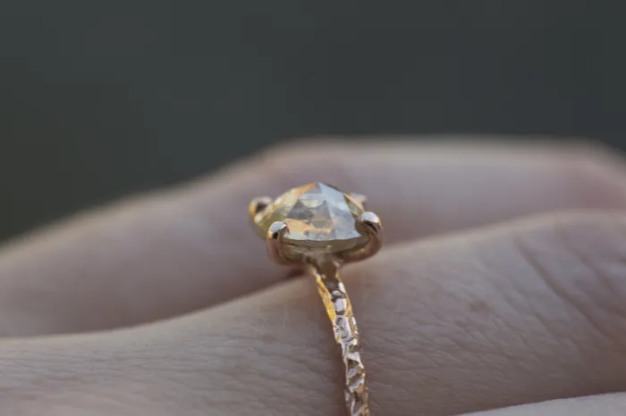 Rosecut Champagne Galaxy Diamond and Dainty Carved Rose Gold Solitaire Engagement Ring Low Profile Rosecut Ring Skinny Band Hand carved by Anueva Jewelry Anueva Jewelry Rings