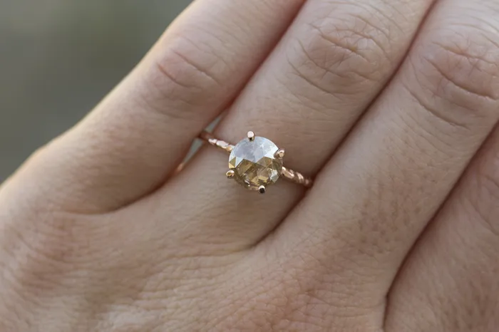 Rosecut Champagne Galaxy Diamond and Dainty Carved Rose Gold Solitaire Engagement Ring Low Profile Rosecut Ring Skinny Band Hand carved by Anueva Jewelry Anueva Jewelry Rings