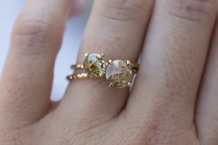Rosecut Champagne Galaxy Diamond and Dainty Carved Rose Gold Solitaire Engagement Ring Low Profile Rosecut Ring Skinny Band Hand carved by Anueva Jewelry Anueva Jewelry Rings