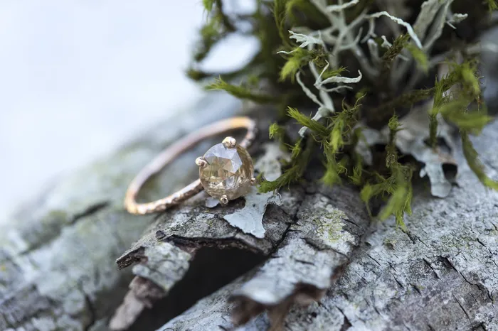 Rosecut Champagne Galaxy Diamond and Dainty Carved Rose Gold Solitaire Engagement Ring Low Profile Rosecut Ring Skinny Band Hand carved by Anueva Jewelry Anueva Jewelry Rings