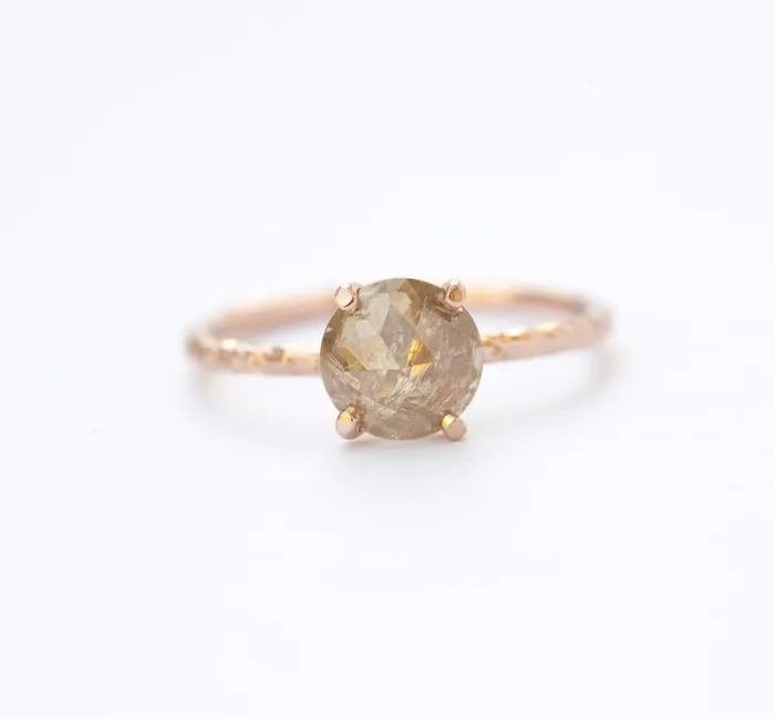 Rosecut Champagne Galaxy Diamond and Dainty Carved Rose Gold Solitaire Engagement Ring Low Profile Rosecut Ring Skinny Band Hand carved by Anueva Jewelry Anueva Jewelry Rings