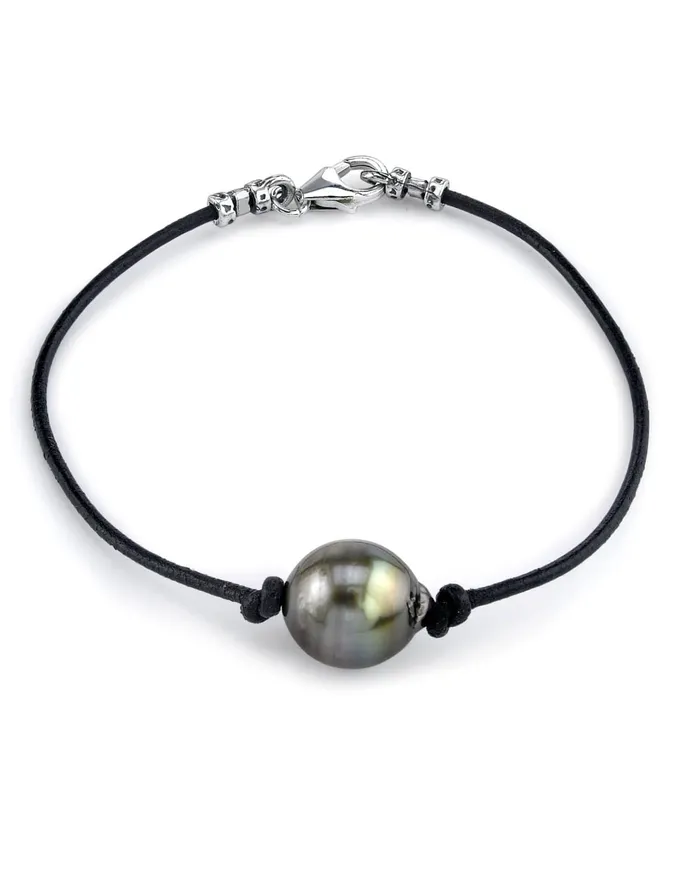 SPT Bracelets Black Tahitian Baroque Pearl on Leather Bracelet