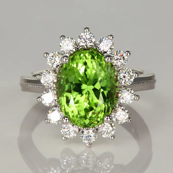 vendorunknown Rings 14K White Gold Oval Peridot and Diamond Halo Ring 577 Carats vendorunknown Rings 14K White Gold Oval Peridot and Diamond Halo Ring 577 Carats